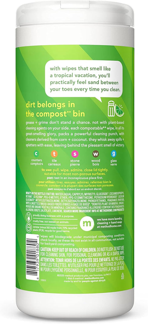 Method All-Purpose Cleaning Wipes, Lime + Sea Salt, Multi-Surface, Compostable, 30 Count (Pack of 6)