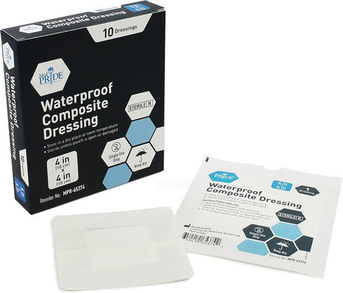 MED PRIDE Sterile Waterproof Foam Composite Dressing Pads, 4x4 Inch (Pack of 10) for Shower, Surgery, Pressure Ulcers,