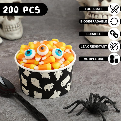 Ninehaoou 200 8oz Frozen Pcs Halloween Paper Ice Cream Cups Halloween Treat Snack Cups Ghost Skeleton Spooky Disposable