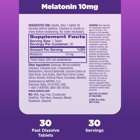 Natrol Sleep Melatonin 10mg Fast Dissolve Tablets, Nighttime Sleep Aid for Adults, 30 Strawberry-Flavored Tablets