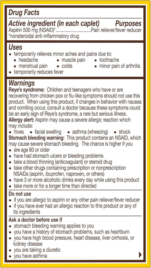 Bayer Extra Strength Aspirin 500 mg, Pain Reliever, 100 Coated Tablets for Headache, Muscle Pain