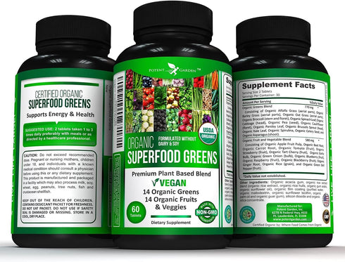 Organic Superfood Greens, Fruit and Veggies Supplement Rich in Vitamins & Antioxidants with Alfalfa, Beet Root & Tart