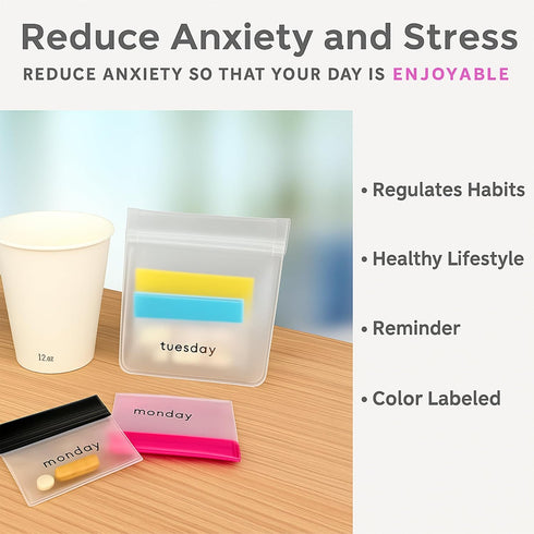 OGAK 7 Set Day Pill Pouches with Labels, Reusable Silicone Pill Pouch Bags, Travel Medicine Organizer with Pill Cutter
