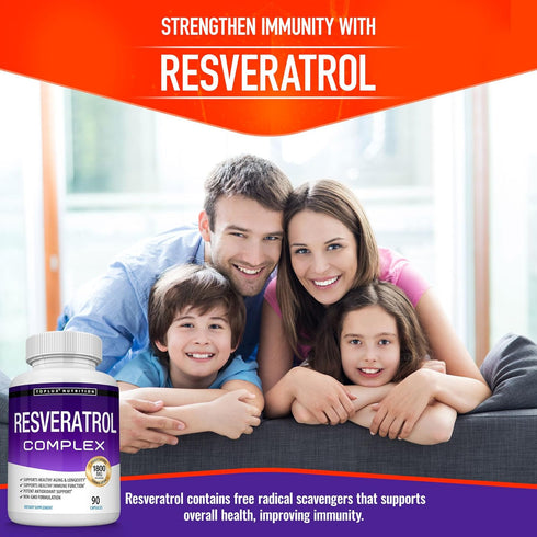 Resveratrol Supplement 1800 mg Antioxidant Complex, Natural Trans-Resveratrol Pills for Healthy Aging, 90 Capsules