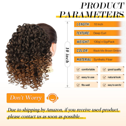 PEACOCO Curly Ponytail Extension Drawstring for Black Women - 10 Inch Clip on Synthetic Afro Hairpiece for Daily Use