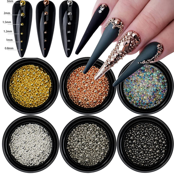 HNUIX Nail Beads - Mixed Size, 6 Colors, Round Metal Steel Beads for Acrylic Nails, Manicure DIY Crafts Decorations