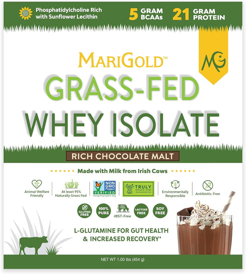 MariGold Grass-fed Whey Protein Isolate Powder - Rich Chocolate Malt Flavor - 1 Lb, 100% Pure, Non-GMO