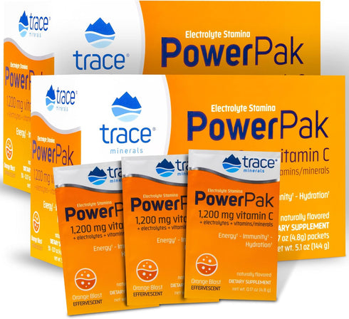 Trace Minerals Power Pak Electrolyte Powder Packets, 60 Packets, 1200 mg Vitamin C, Zinc, Magnesium, Orange Blast