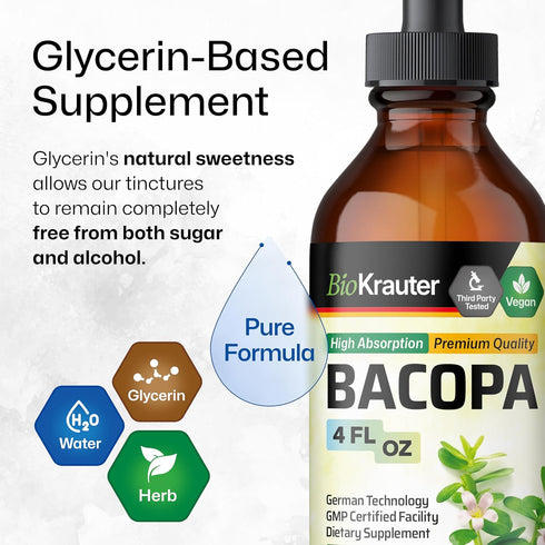 Bacopa Monnieri Organic Tincture - Cognitive Health Support Liquid Supplement - Alcohol & Sugar Free Vegan Drops, 4