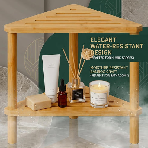 2-Tier Bamboo Corner Shower Stool with Storage Shelf, Waterproof Shower Foot Rest for Shaving Legs, Small Bathroom