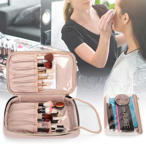 Yarwo Travel Makeup Brushes Bag, Portable Cosmetic Bag for Brushes (up to 9.4") and Essentials, Dusty Rose
