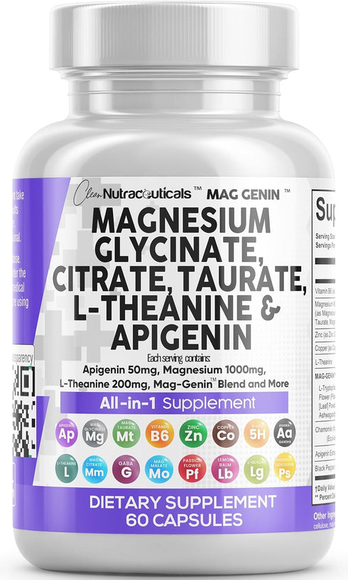 Magnesium Glycinate Complex 1000mg with 200mg L-Theanine, 60 Count - Supplement with Apigenin, GABA & Ashwagandha