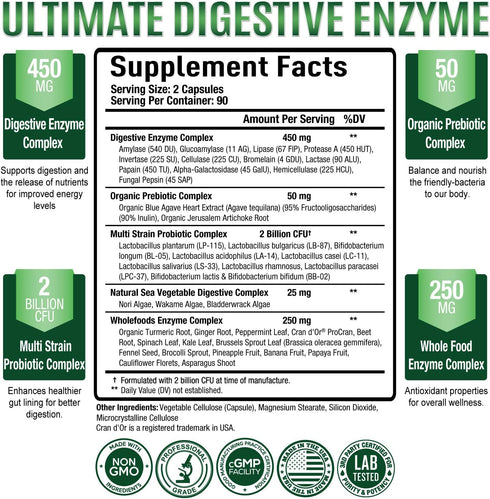 Purely Optimal Digestive Enzyme Supplement, Comprehensive Gut Health Support with 12 Enzymes, 180 Capsules