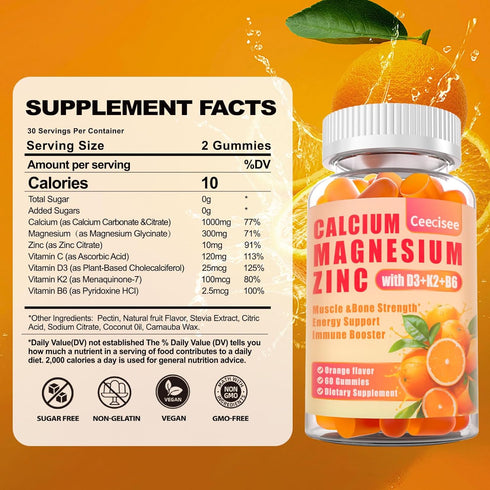 Calcium Magnesium Zinc Gummies with D3, B6 & K2, 1000mg Calcium Gummies for Adults and Teens, Sugar Free, 60 Count