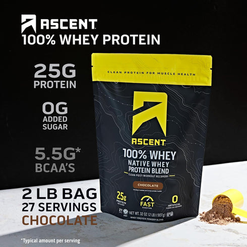 Ascent 100% Whey Protein Powder - Post Workout Whey Protein Isolate, Gluten Free, Chocolate, 2 lb