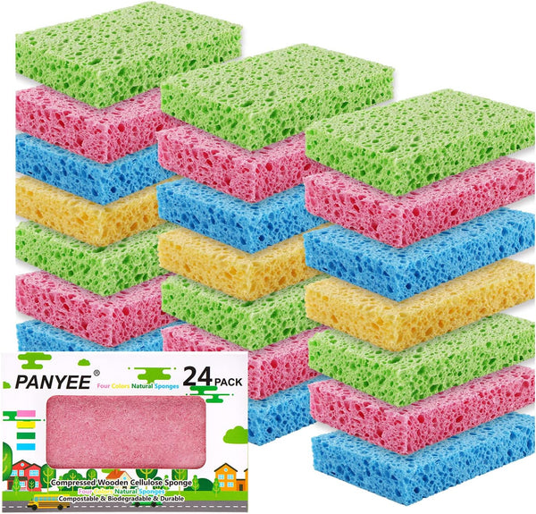 Compressed Cellulose Kitchen Sponges 24 Pack, Non-Scratch Biodegradable Natural Sponge Scrub for Dishes Cleaning