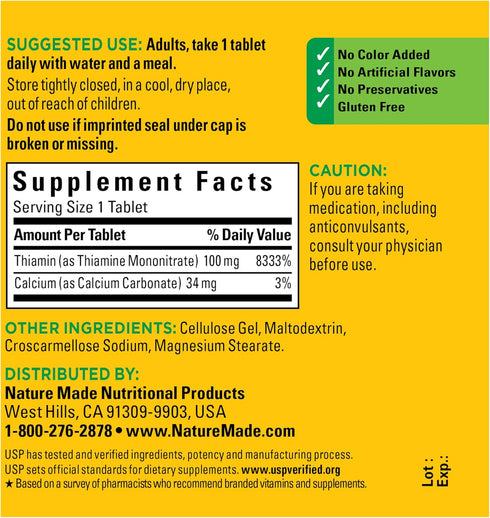 Nature Made Vitamin B1 100 mg, 100 Tablets, Dietary Supplement for Energy Metabolism Support, 100 Day Supply