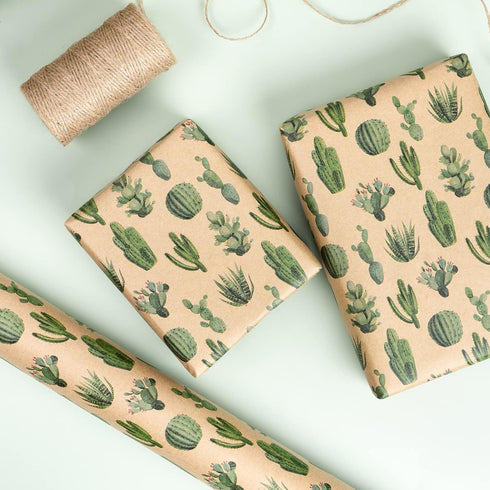 RUSPEPA Kraft Wrapping Paper Roll - Mini Roll - Cactus Design for All Occasions - 17 Inches X 32.8 Feet