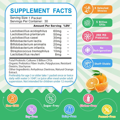 ZEBORA Kids Probiotic & Prebiotics Powder Age 3+, Supports Children's Digestive & Immune System, 30 Packets with 5