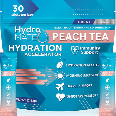 HydroMATE Electrolytes Powder Packets Drink Mix - Low Sugar Hydration Accelerator with Vitamin C B12 - 30 Sticks