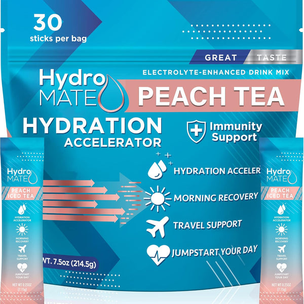 HydroMATE Electrolytes Powder Packets Drink Mix - Low Sugar Hydration Accelerator with Vitamin C B12 - 30 Sticks