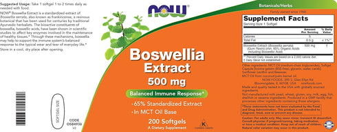Now Boswellia Serrata Extract 500 mg, 200 Softgels - Herbal Supplement in MCT Oil Base