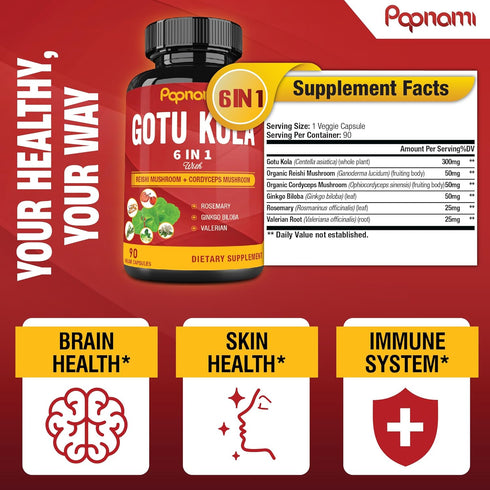Organic Gotu Kola Extract Capsules - 90 Counts with Reishi, Cordyceps, Rosemary, Ginkgo Biloba & Valerian Root