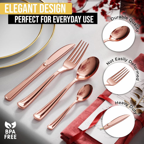 120 Pack Heavy Duty Rose Gold Plastic Spoons - Disposable Silverware for Catering, Parties, Weddings
