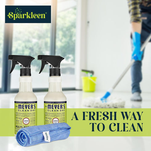Mrs. Meyers Multi-Surface All Purpose Cleaner Set, 2 Pack Spray and Cloth Bundle for Bathroom, Living Room, 16 oz,