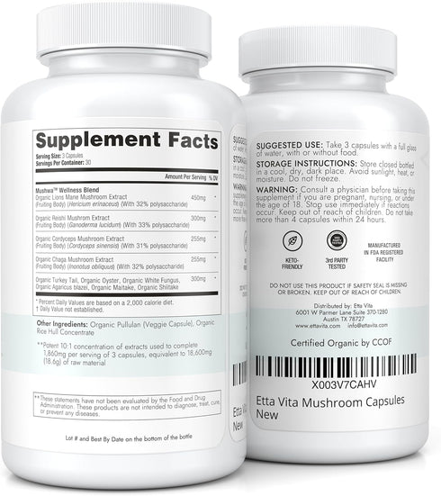 USDA Organic Lions Mane Supplement Capsules - 10x Adaptogenic Mushroom Complex - 18,600mg/serv with Ashwagandha, Chaga,