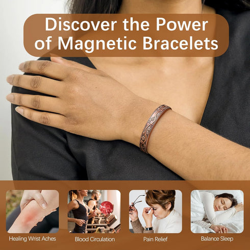 2Pcs Magnetic Copper Bracelets for Women, Vintage Flower 99.99% Pure Copper Cuff Jewelry with 3500 Gauss Magnets