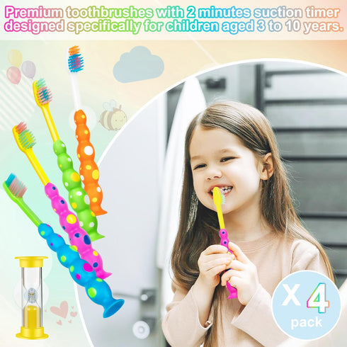 Soft Kids Toothbrushes with Suction Timer - Flossing Bristles, Toddler Toothbrush Set for Ages 3-10, Pack of 4