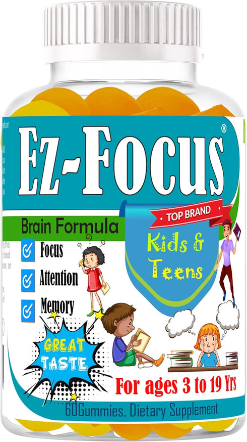 Ez Focus Gummies for Kids - Chewable Focus Vitamins for Brain Support, Attention & Calming, Natural Omegas DHA