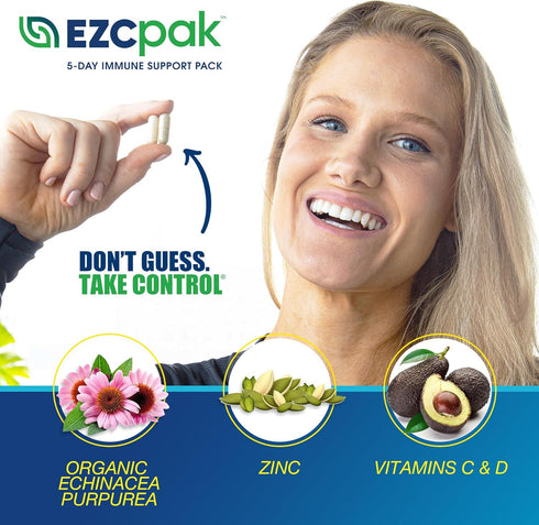 EZC Pak+D 5-Day Immune System Booster - Vitamin Support Supplement with Echinacea, Zinc, Vitamin C & D