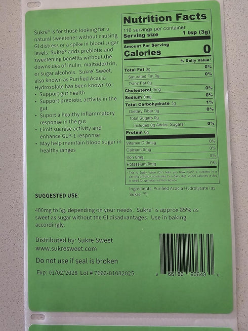 Sukre' Sweet Prebiotic Sweetener Powder - Acacia Hydrolysate