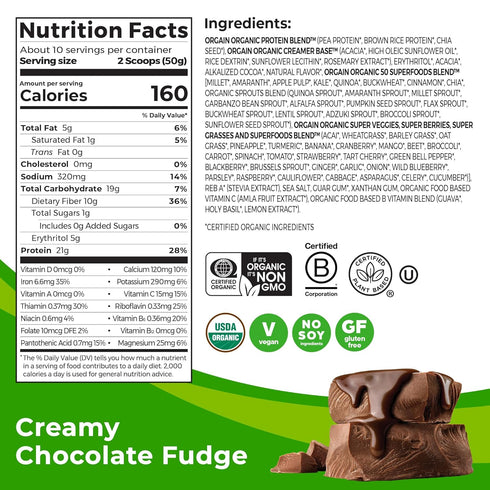 Orgain Organic Vegan Protein Powder, Creamy Chocolate Fudge - 21g Plant Based Protein, 10g Prebiotic Fiber, Gluten Free