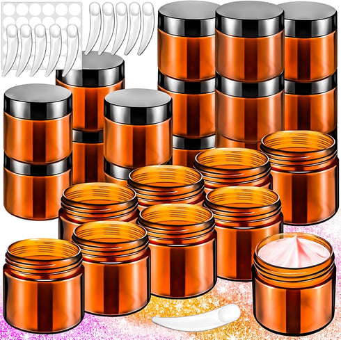 MotBach 16 Pack 2oz Amber Plastic Jars, 60ml Empty Small Round Cosmetic Jars with Black Lids for Refillable Makeup
