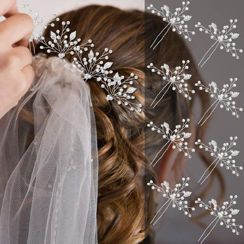 WILLBOND 8 Pcs Bride Wedding Pearls Hair Pins - Bridal Leaf Flower Wedding Hair Accessories Rhinestone Bridesmaid U