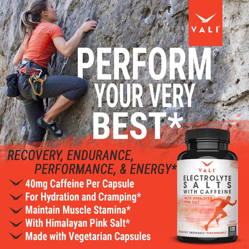 VALI Electrolyte Salts Plus with 40mg Caffeine, 120 Veggie Capsules for Hydration, Energy, Recovery