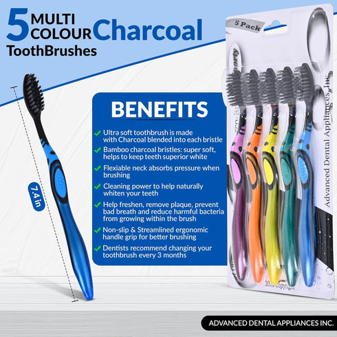 Advanced Oral Care Activated Charcoal Toothbrush 5 Pack Soft Soft Ultrafine tapered Bamboo Bristle Natural Teeth Whitening and Sensitivity Relief BPA Free Charcoal Toothbrushes for Gentle Cleaning