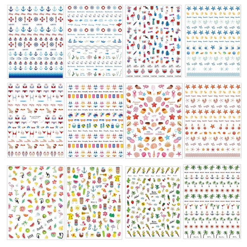 TailaiMei Summer Nail Decals Stickers, Self-Adhesive DIY Design Nail Art Decorations (12 Sheets)