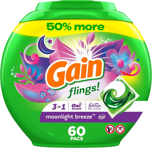 Gain flings! Laundry Detergent Soap Pacs, HE Compatible, 60 ct, Long Lasting Scent, Moonlight Breeze