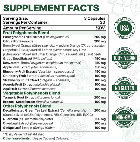 2250 MG Polyphenols Supplement Over 20 Fruits, Vegetables & Polyphenols, Quercetin, Resveratrol, Turmeric, Green Tea, Powerful Antioxidants, Polyphenols for Age Defense, Immune System, 90 Capsules