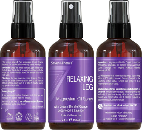 Seven Minerals Relaxing Leg Magnesium Spray, 4 fl oz - Essential Oils Blend of Orange, Cedarwood, & Lavender