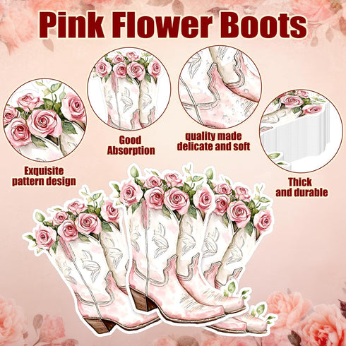 Janlaugh 100 Pcs Pink Western Cowgirl Spring Floral Napkins Paper Pink Boot Floral Party Decorations Paper Guest Towel