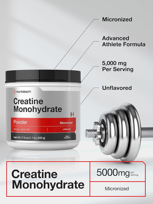 Horbaach Creatine Monohydrate Powder, 1.1lb (17.6 oz) Micronized Unflavored Vegetarian Non-GMO