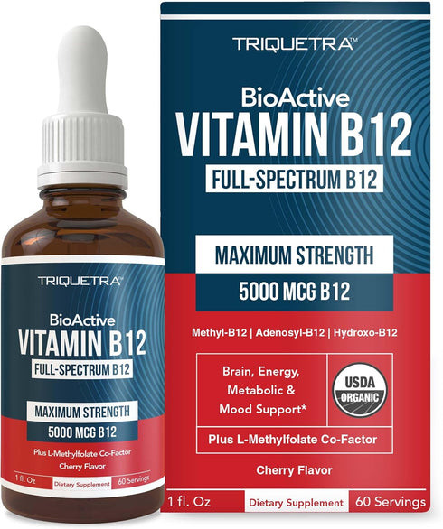 BioActive Vitamin B12 5000 mcg | Sublingual Cherry Flavor, Organic, Vegan | 3 BioActive Forms B12, 60 Servings