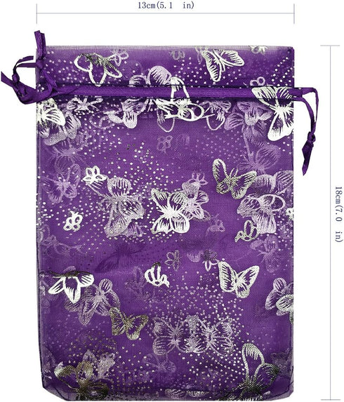 Ankirol 100pcs Sheer Organza Favor Bags - Purple Butterfly Print Drawstring Pouches for Wedding Gift Bags, Samples