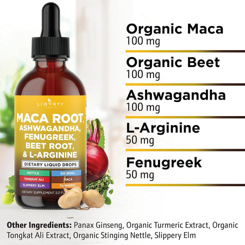 Liberty Lifestyle 4oz Organic Maca Root Liquid Drops with Ashwagandha, Nettle, Fenugreek, Beet Root and L-Arginine