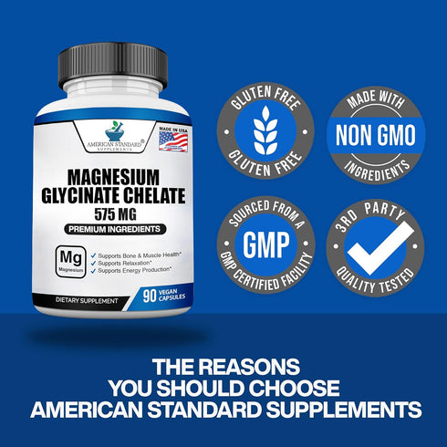 American Standard Supplements Magnesium Glycinate 575mg, 90 Veggie Capsules for Bone & Muscle Health, Chelated for